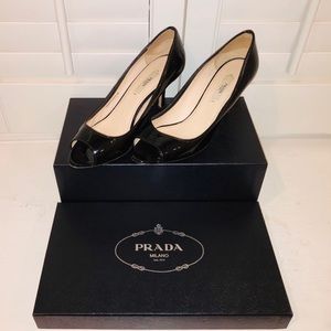 Prada Vernice peep toe heels black patent leather.